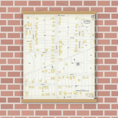 Old map wall art mockup — magnetic wood frame on brick wall — Sanborn Fire Insurance Map from Pittston, Luzerne County, Pennsylvania (1903), Sheet #0017