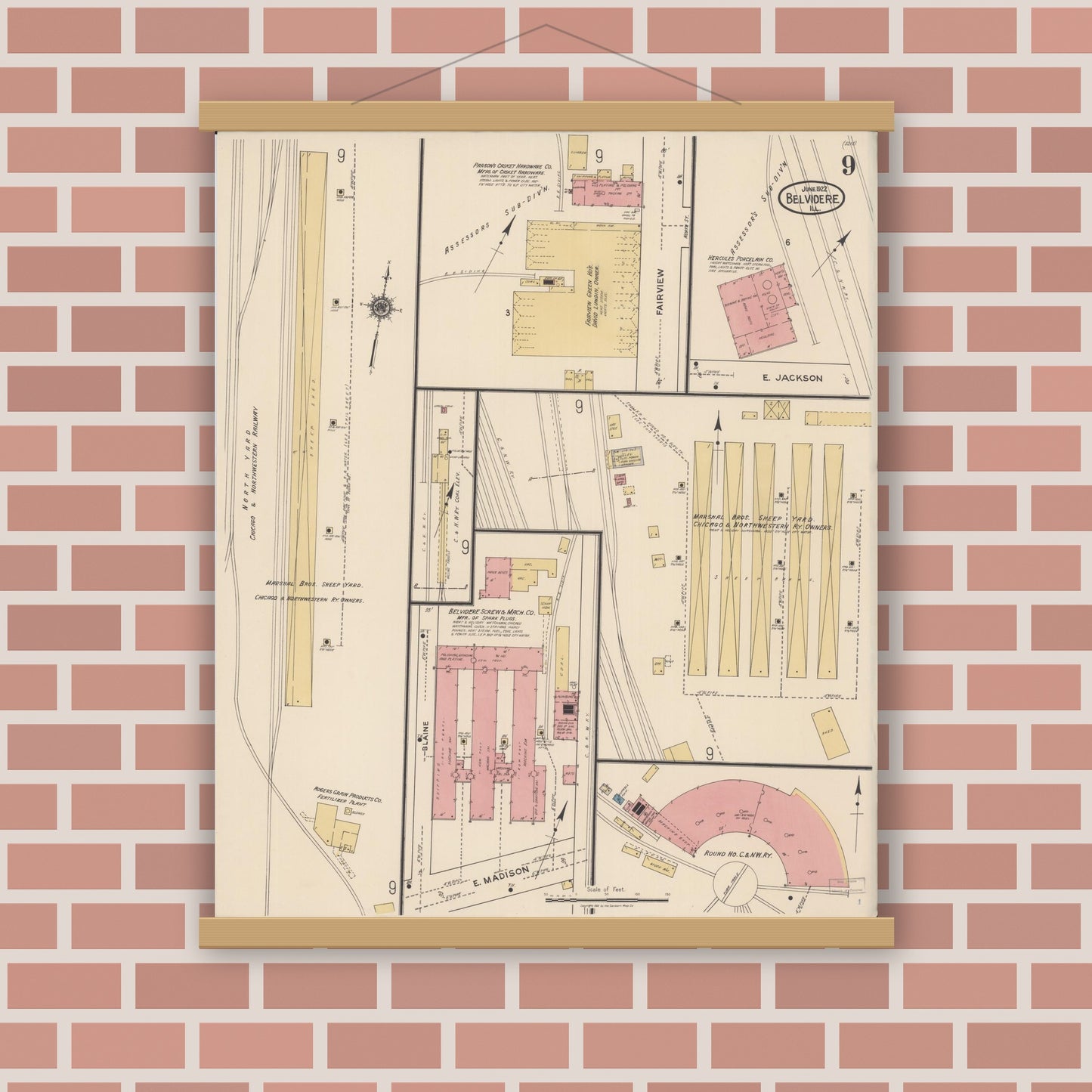 Old map wall art mockup — magnetic wood frame on brick wall — Sanborn Fire Insurance Map from Belvidere, Boone County, Illinois (1922), Sheet #0009