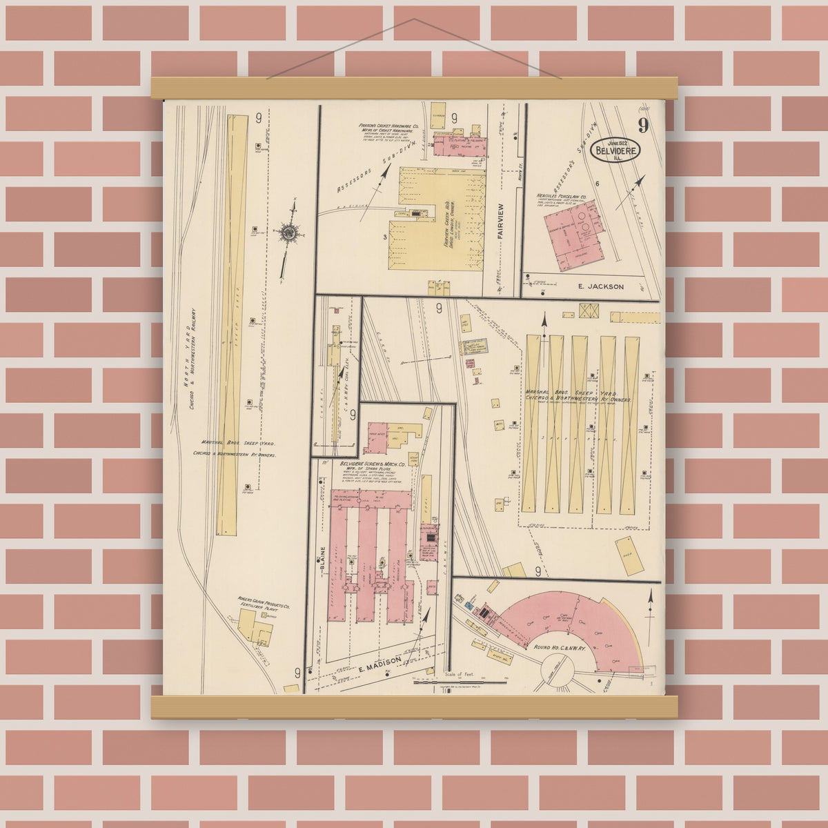 Old map wall art mockup — magnetic wood frame on brick wall — Sanborn Fire Insurance Map from Belvidere, Boone County, Illinois (1922), Sheet #0009