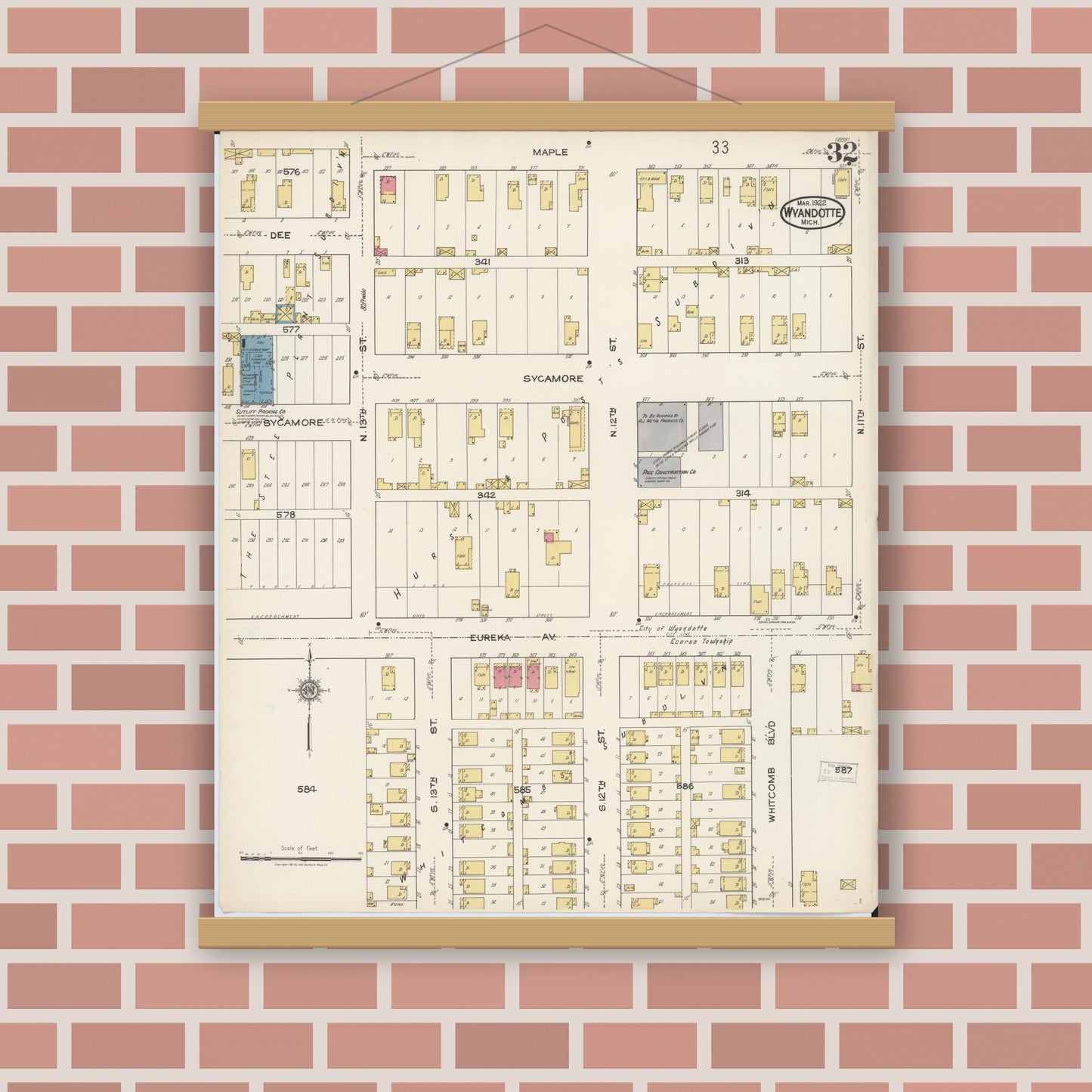 Old map wall art mockup — magnetic wood frame on brick wall — Sanborn Fire Insurance Map from Wyandotte, Wayne County, Michigan (1922), Sheet #0032