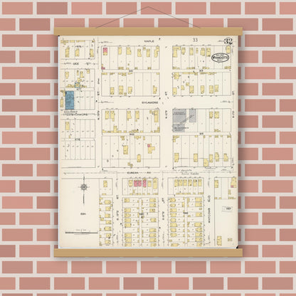 Old map wall art mockup — magnetic wood frame on brick wall — Sanborn Fire Insurance Map from Wyandotte, Wayne County, Michigan (1922), Sheet #0032