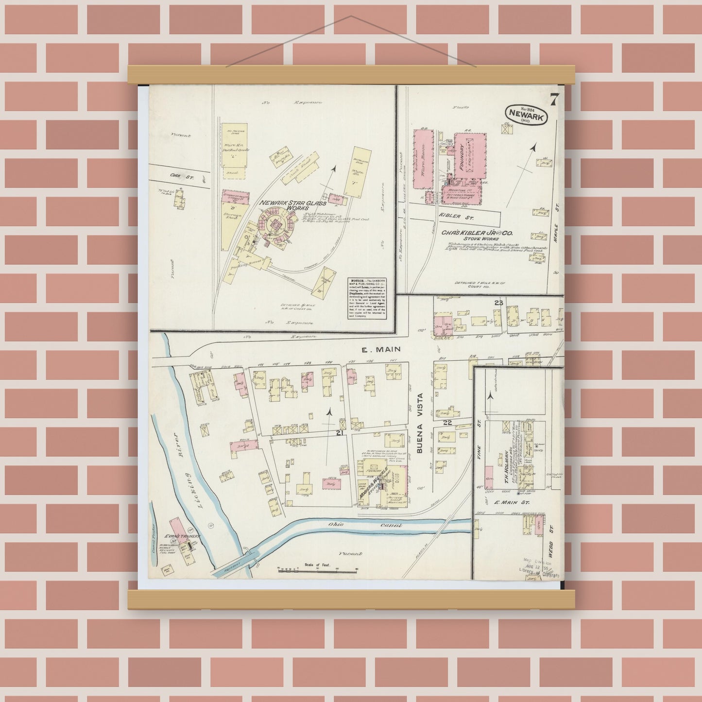 Old map wall art mockup — magnetic wood frame on brick wall — Sanborn Fire Insurance Map from Newark, Licking County, Ohio (1884), Sheet #0007