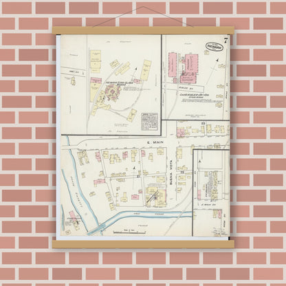 Old map wall art mockup — magnetic wood frame on brick wall — Sanborn Fire Insurance Map from Newark, Licking County, Ohio (1884), Sheet #0007