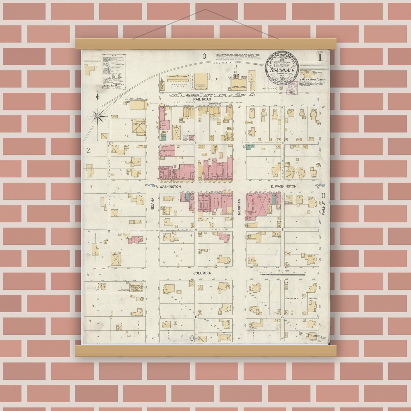 Old map wall art mockup — magnetic wood frame on brick wall — Sanborn Fire Insurance Map from Roachdale, Putnam County, Indiana (1902) - Complete Map Set