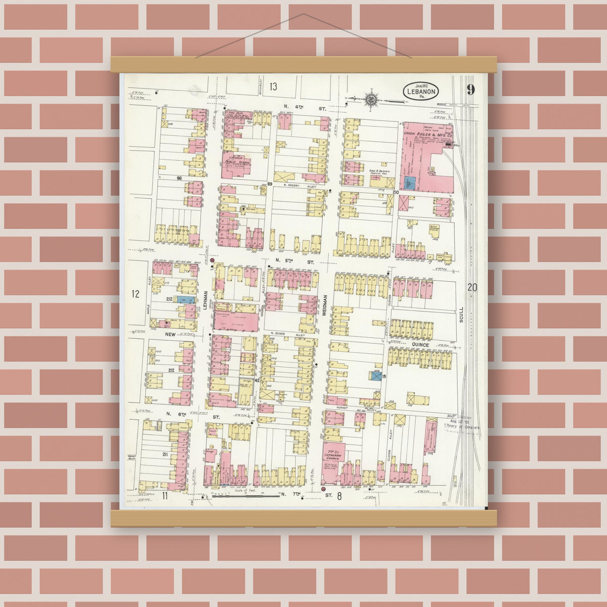 Old map wall art mockup — magnetic wood frame on brick wall — Sanborn Fire Insurance Map from Lebanon, Lebanon County, Pennsylvania (1912), Sheet #0009