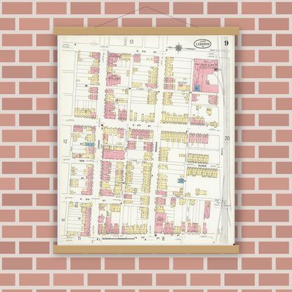 Old map wall art mockup — magnetic wood frame on brick wall — Sanborn Fire Insurance Map from Lebanon, Lebanon County, Pennsylvania (1912), Sheet #0009