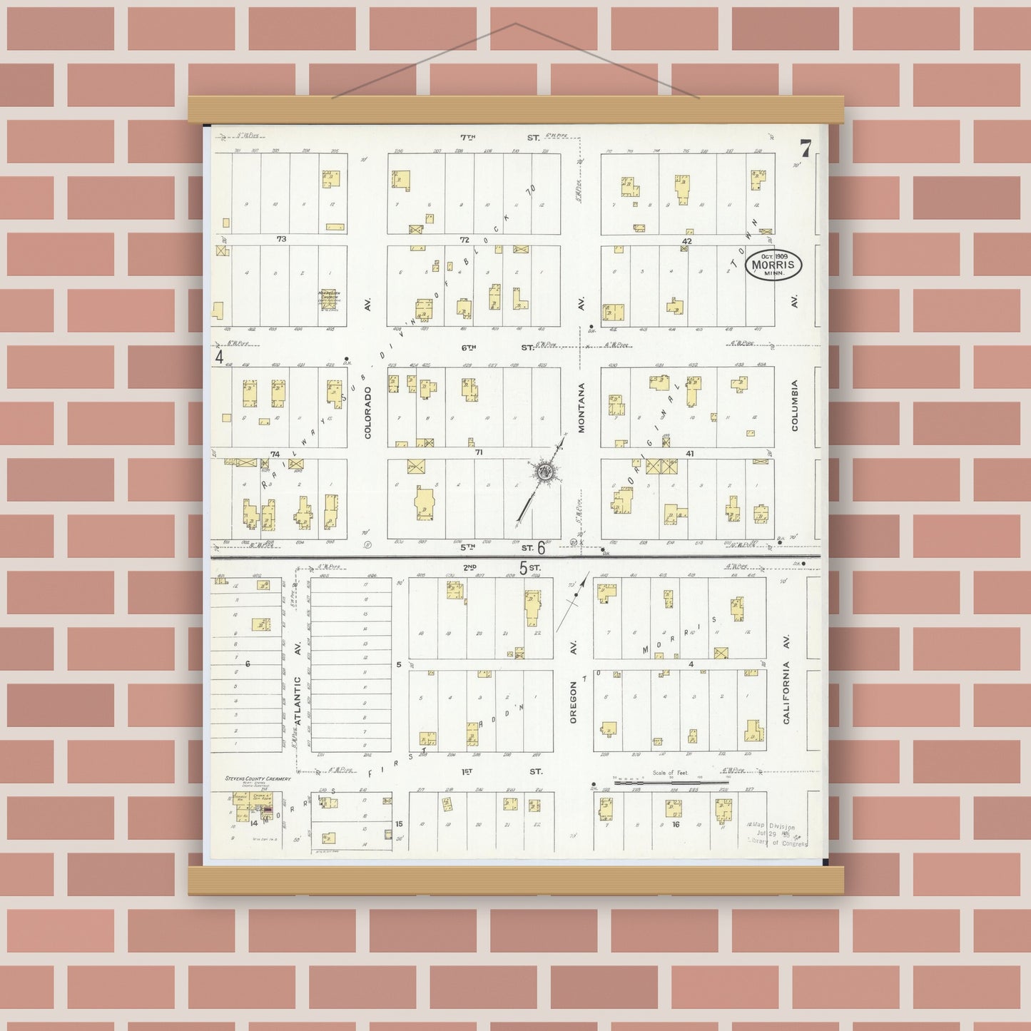 Old map wall art mockup — magnetic wood frame on brick wall — Sanborn Fire Insurance Map from Morris, Stevens County, Minnesota (1909), Sheet #0007