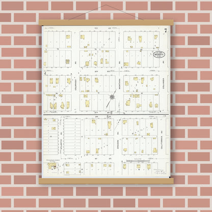 Old map wall art mockup — magnetic wood frame on brick wall — Sanborn Fire Insurance Map from Morris, Stevens County, Minnesota (1909), Sheet #0007