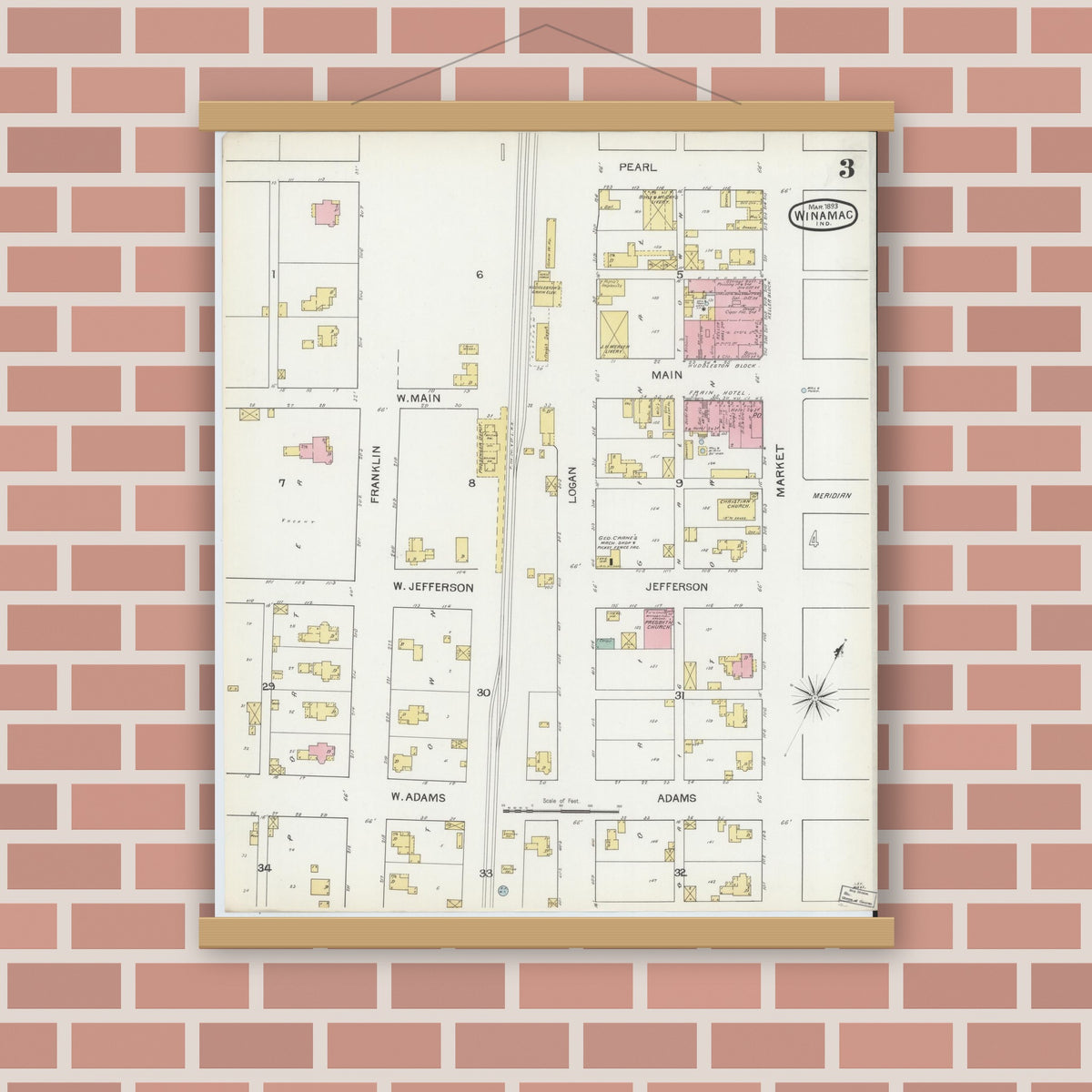 Old map wall art mockup — magnetic wood frame on brick wall — Sanborn Fire Insurance Map from Winamac, Pulaski County, Indiana (1893), Sheet #0003