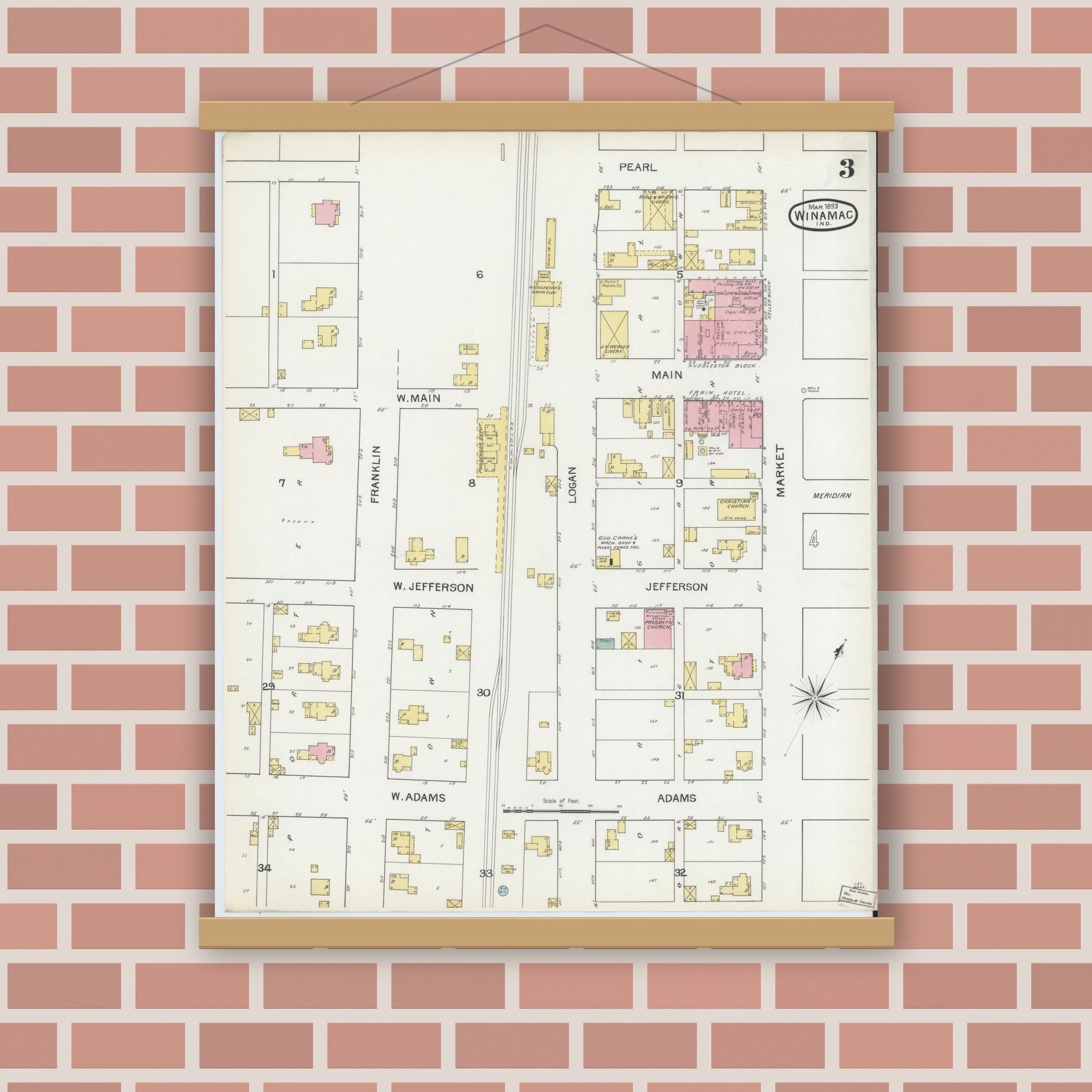 Old map wall art mockup — magnetic wood frame on brick wall — Sanborn Fire Insurance Map from Winamac, Pulaski County, Indiana (1893), Sheet #0003