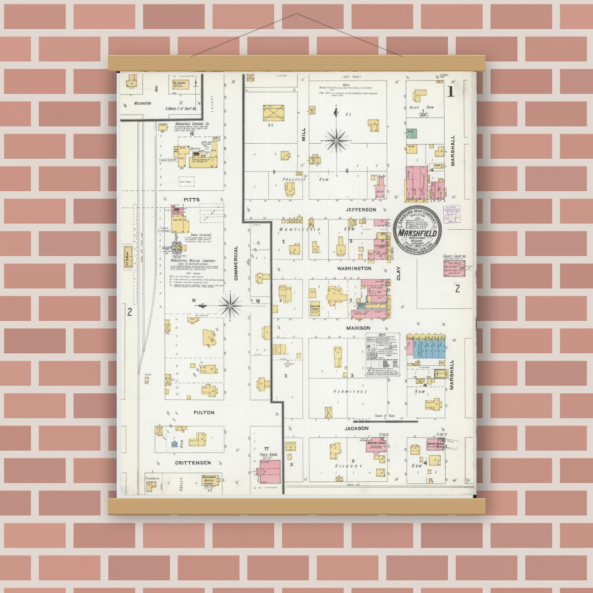 Old map wall art mockup — magnetic wood frame on brick wall — Sanborn Fire Insurance Map from Marshfield, Webster County, Missouri (1905) - Complete Map Set