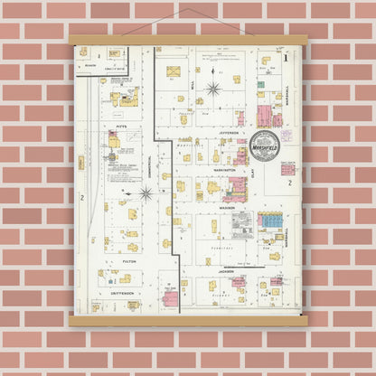 Old map wall art mockup — magnetic wood frame on brick wall — Sanborn Fire Insurance Map from Marshfield, Webster County, Missouri (1905) - Complete Map Set