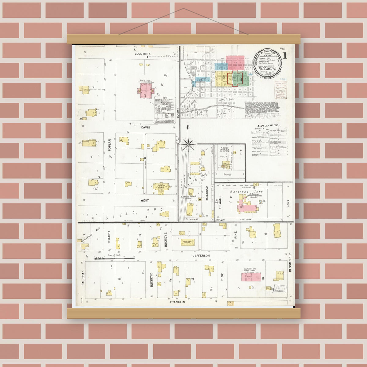 Old map wall art mockup — magnetic wood frame on brick wall — Sanborn Fire Insurance Map from Bloomfield, Davis County, Iowa (1900) â€” Complete Set