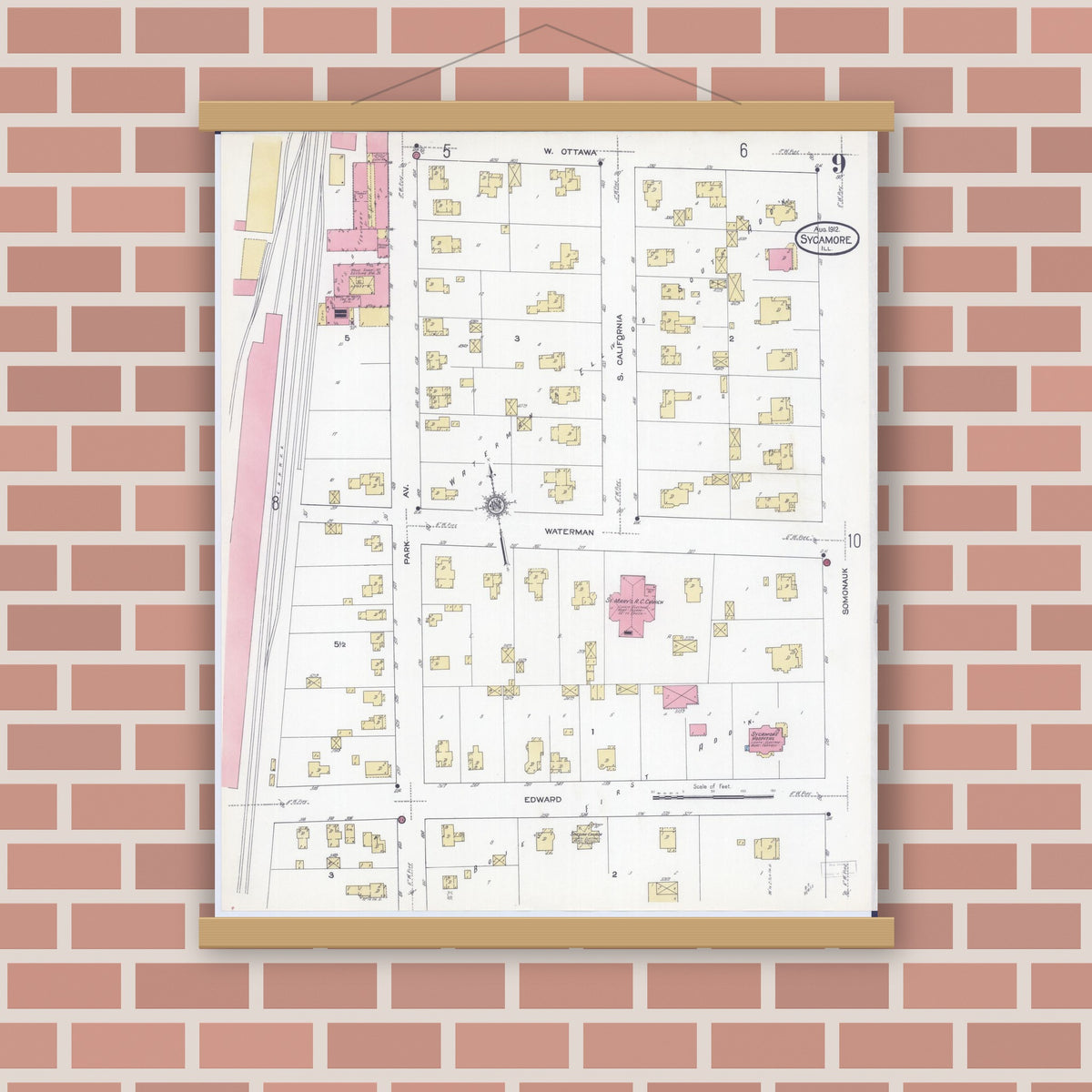 Old map wall art mockup — magnetic wood frame on brick wall — Sanborn Fire Insurance Map from Sycamore, De Kalb County, Illinois (1912), Sheet #0009