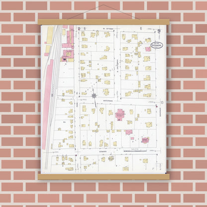 Old map wall art mockup — magnetic wood frame on brick wall — Sanborn Fire Insurance Map from Sycamore, De Kalb County, Illinois (1912), Sheet #0009
