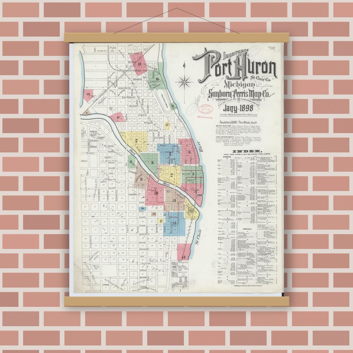 Old map wall art mockup — magnetic wood frame on brick wall — Sanborn Fire Insurance Map from Port Huron, Saint Clair County, Michigan (1898) - Complete Map Set