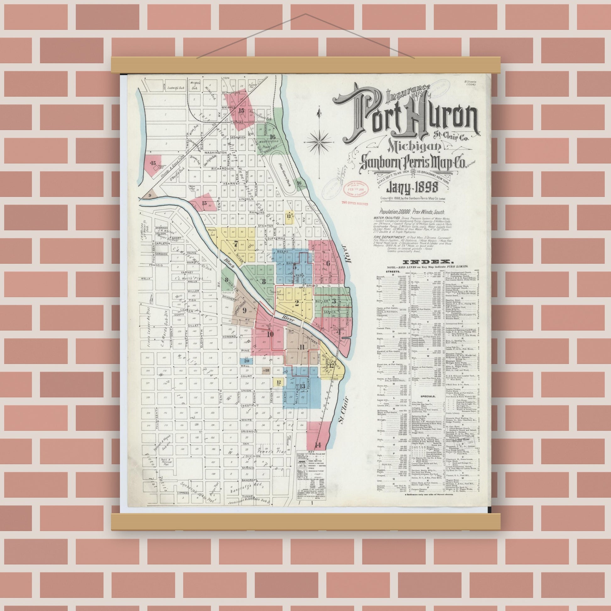 Old map wall art mockup — magnetic wood frame on brick wall — Sanborn Fire Insurance Map from Port Huron, Saint Clair County, Michigan (1898) - Complete Map Set
