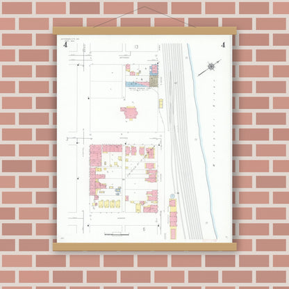 Old map wall art mockup — magnetic wood frame on brick wall — Sanborn Fire Insurance Map from Jefferson City, Cole County, Missouri (1939), Sheet #0004