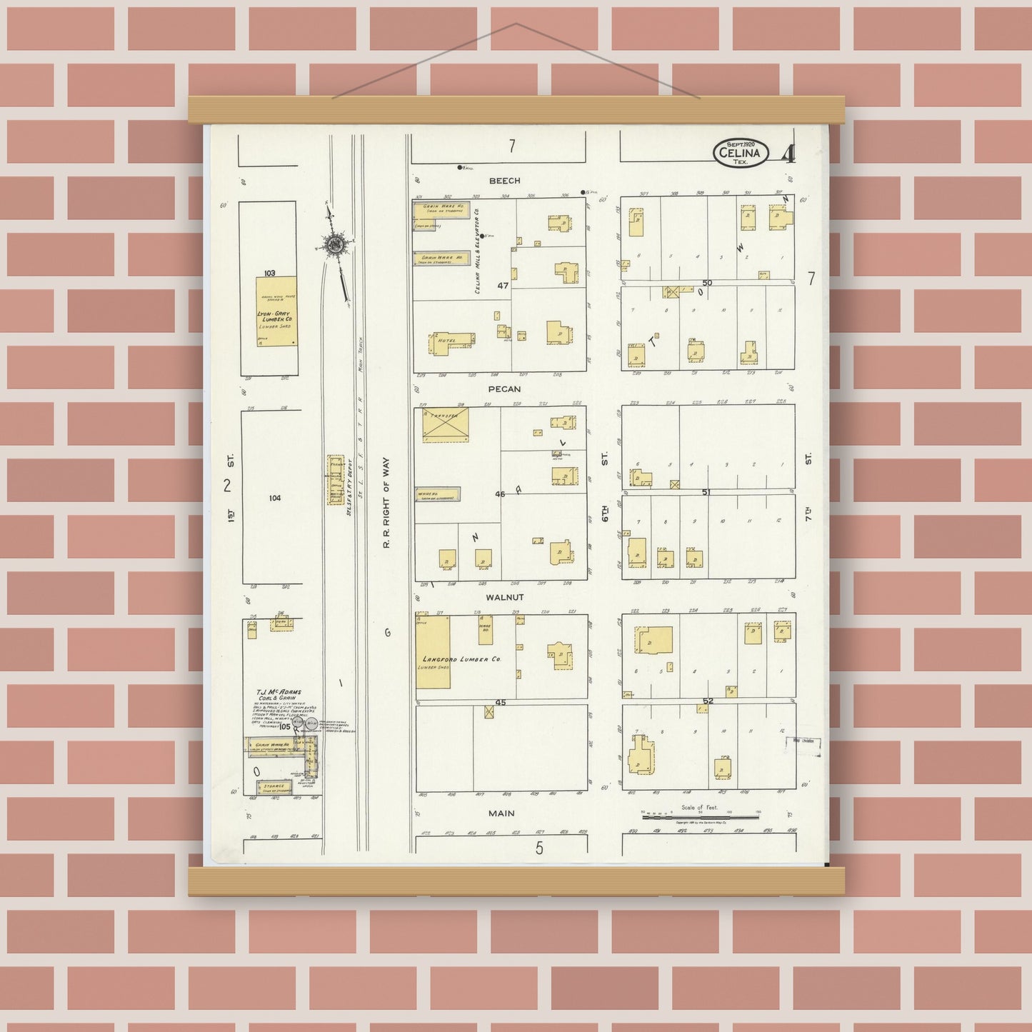 Old map wall art mockup — magnetic wood frame on brick wall — Sanborn Fire Insurance Map from Celina, Collin County, Texas (1920), Sheet #0004