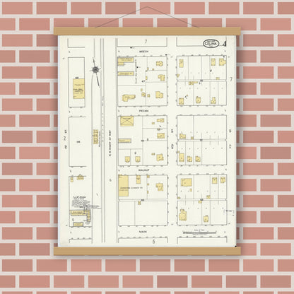 Old map wall art mockup — magnetic wood frame on brick wall — Sanborn Fire Insurance Map from Celina, Collin County, Texas (1920), Sheet #0004
