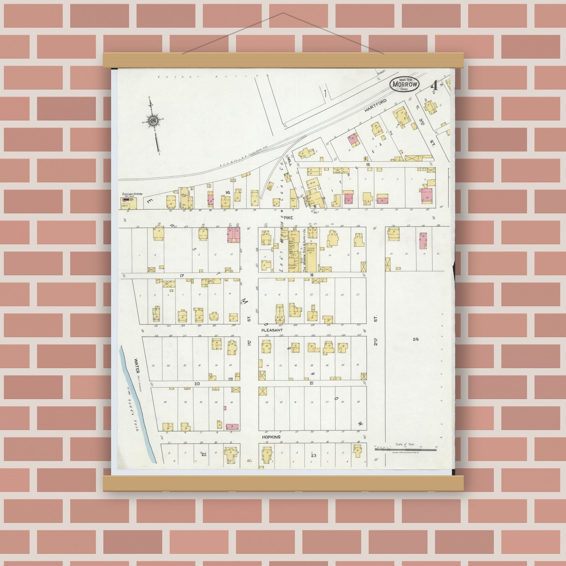 Old map wall art mockup — magnetic wood frame on brick wall — Sanborn Fire Insurance Map from Morrow, Warren County, Ohio (1919), Sheet #0004