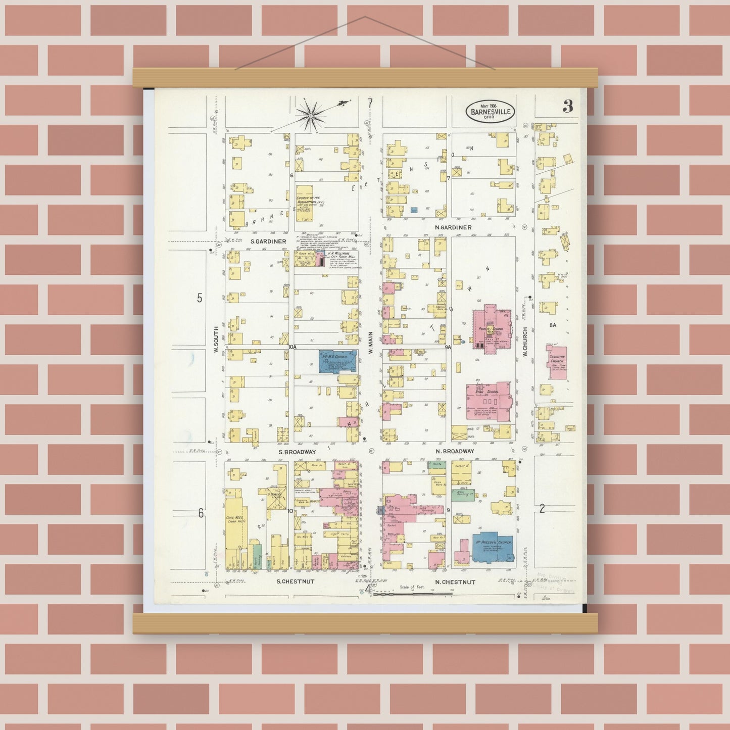 Old map wall art mockup — magnetic wood frame on brick wall — Sanborn Fire Insurance Map from Barnesville, Belmont County, Ohio (1908), Sheet #0003