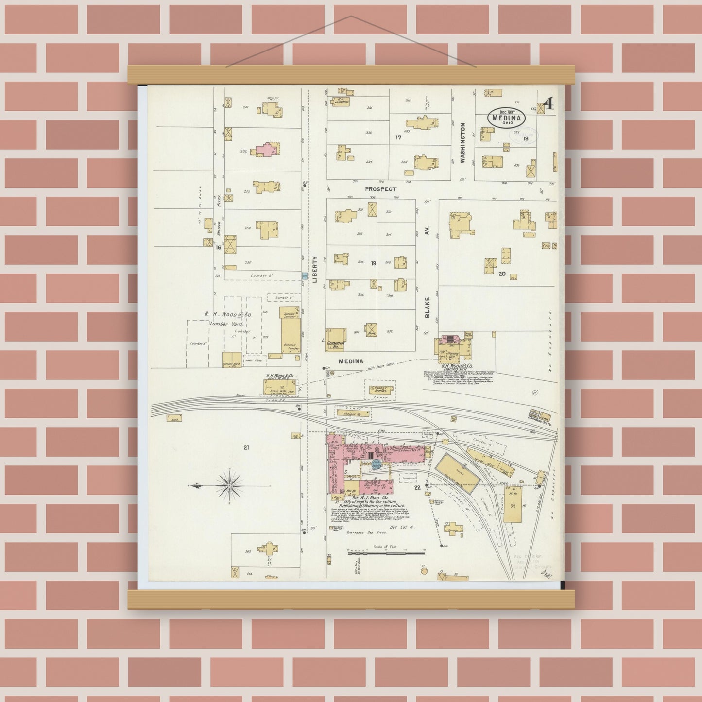 Old map wall art mockup — magnetic wood frame on brick wall — Sanborn Fire Insurance Map from Medina, Medina County, Ohio (1897), Sheet #0004