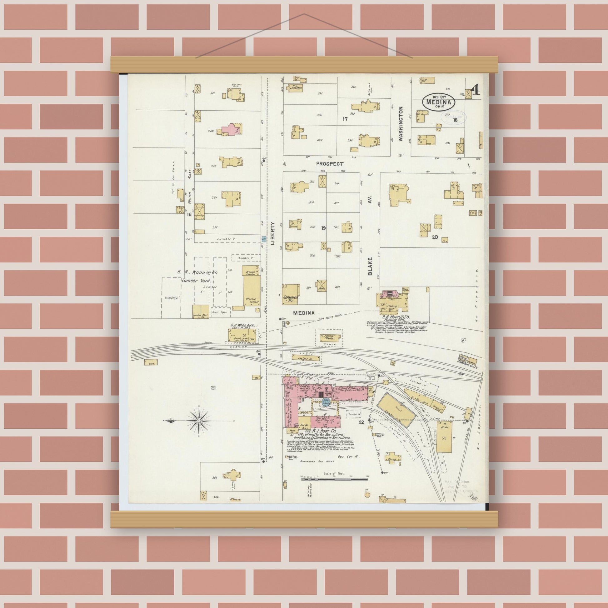 Old map wall art mockup — magnetic wood frame on brick wall — Sanborn Fire Insurance Map from Medina, Medina County, Ohio (1897), Sheet #0004