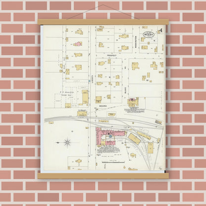 Old map wall art mockup — magnetic wood frame on brick wall — Sanborn Fire Insurance Map from Medina, Medina County, Ohio (1897), Sheet #0004