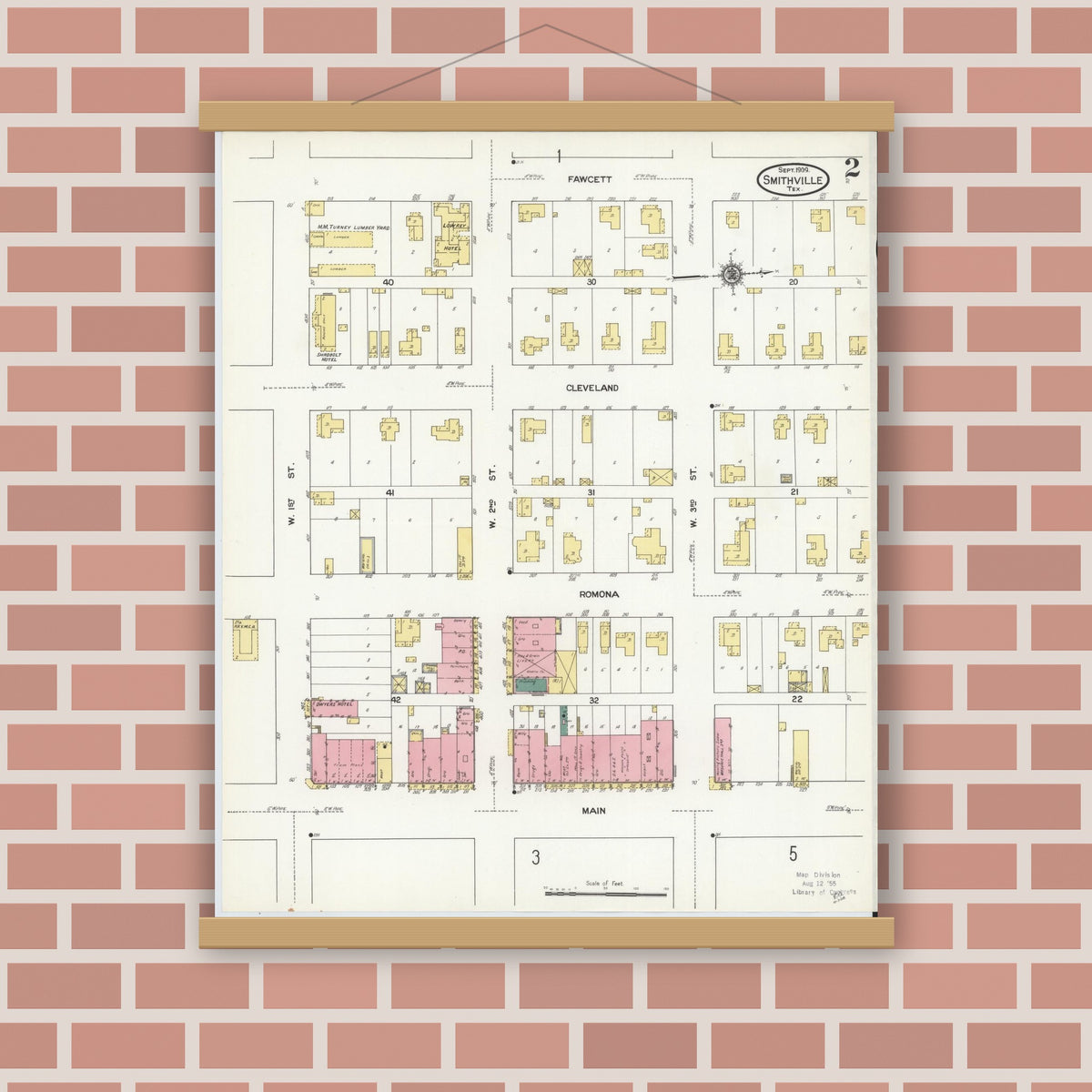 Old map wall art mockup — magnetic wood frame on brick wall — Sanborn Fire Insurance Map from Smithville, Bastrop County, Texas (1909), Sheet #0002