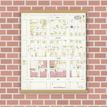 Old map wall art mockup — magnetic wood frame on brick wall — Sanborn Fire Insurance Map from Smithville, Bastrop County, Texas (1909), Sheet #0002