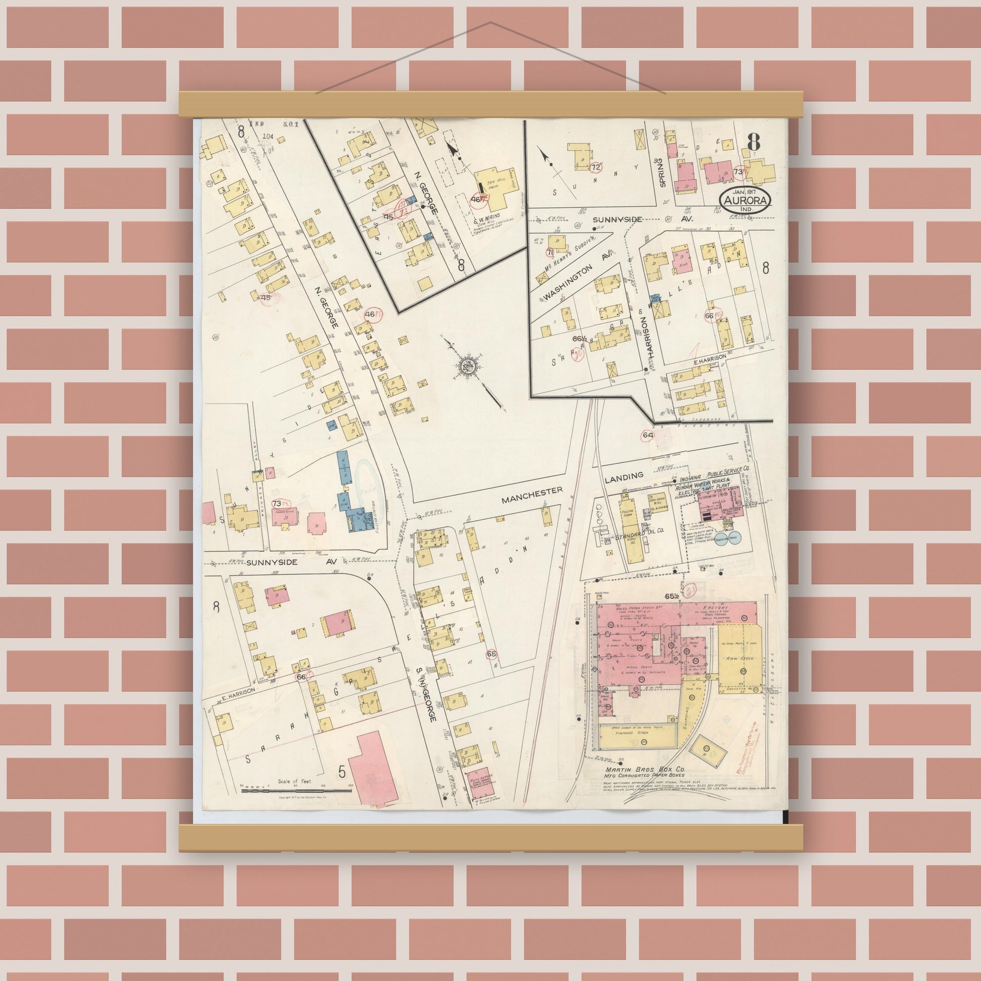 Old map wall art mockup — magnetic wood frame on brick wall — Sanborn Fire Insurance Map from Aurora, Dearborn County, Indiana (1935), Sheet #0008