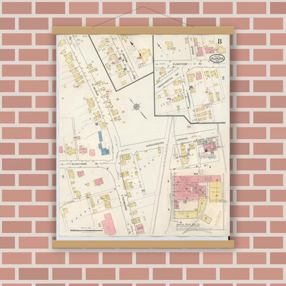 Old map wall art mockup — magnetic wood frame on brick wall — Sanborn Fire Insurance Map from Aurora, Dearborn County, Indiana (1935), Sheet #0008