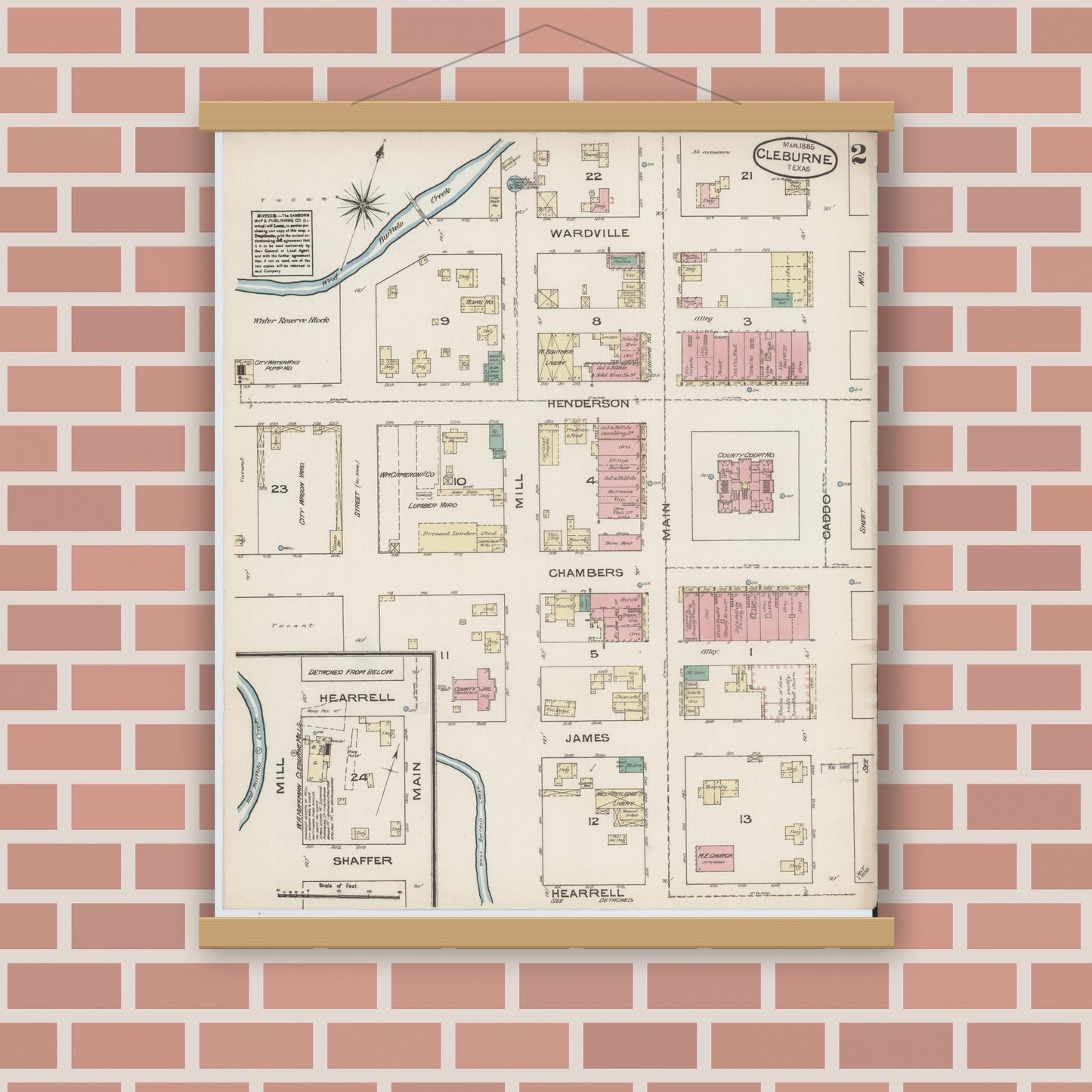 Old map wall art mockup — magnetic wood frame on brick wall — Sanborn Fire Insurance Map from Cleburne, Johnson County, Texas (1885), Sheet #0002