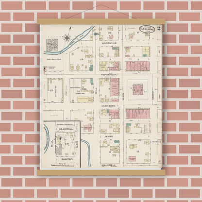 Old map wall art mockup — magnetic wood frame on brick wall — Sanborn Fire Insurance Map from Cleburne, Johnson County, Texas (1885), Sheet #0002