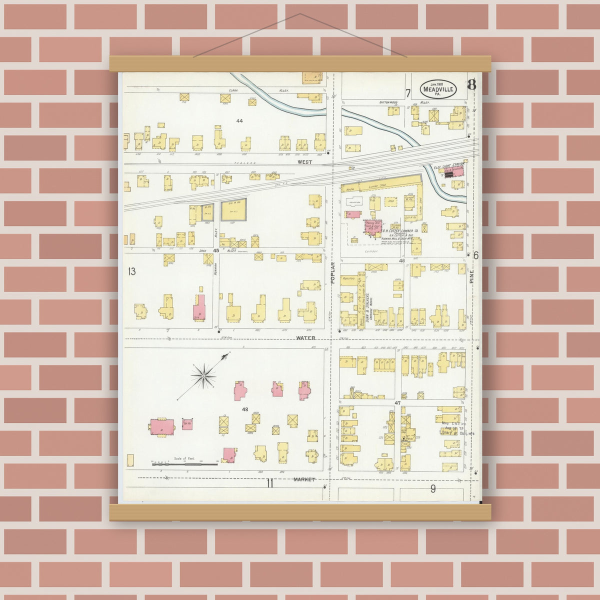 Old map wall art mockup — magnetic wood frame on brick wall — Sanborn Fire Insurance Map from Meadville, Crawford County, Pennsylvania (1901), Sheet #0008