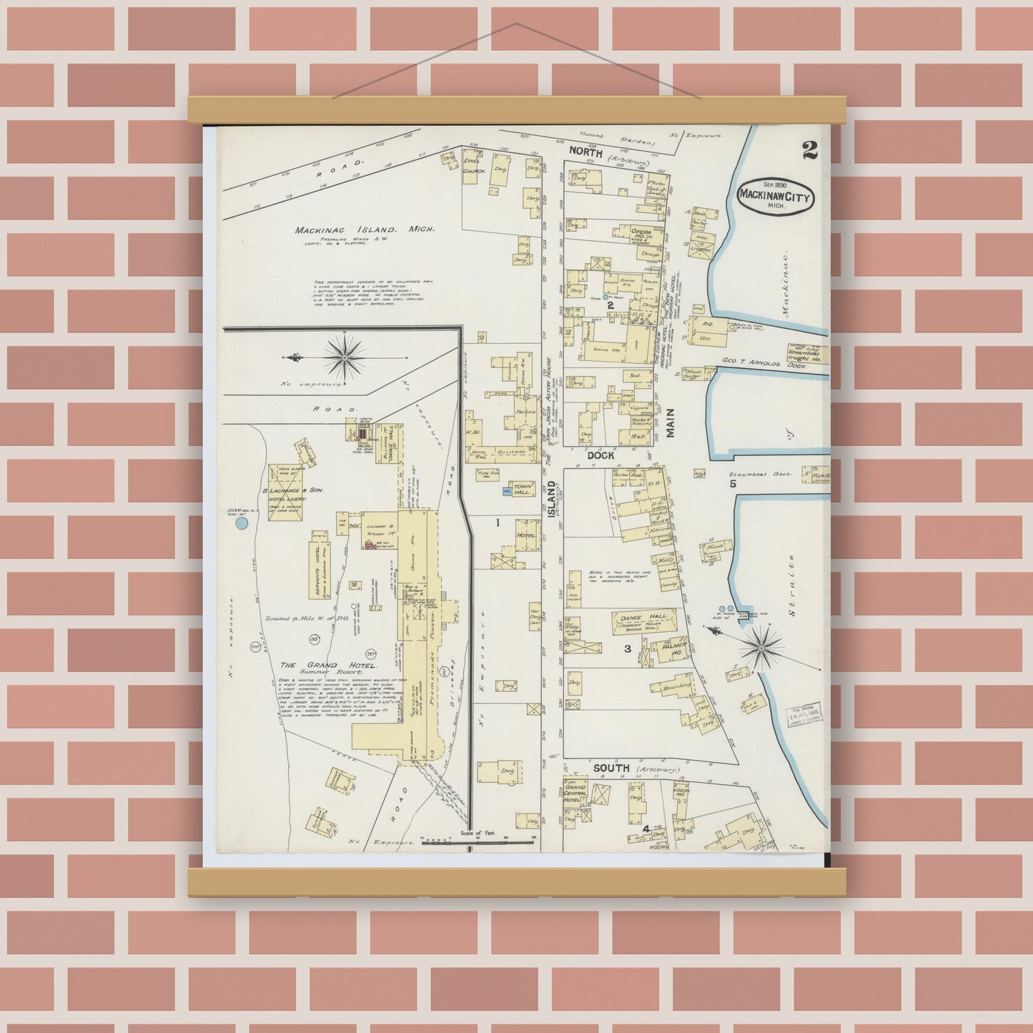 Old map wall art mockup — magnetic wood frame on brick wall — Sanborn Fire Insurance Map from Mackinaw City, Cheboygan County, Michigan (1890), Sheet #0002