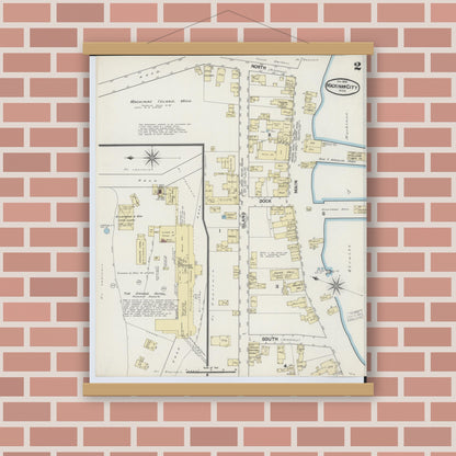 Old map wall art mockup — magnetic wood frame on brick wall — Sanborn Fire Insurance Map from Mackinaw City, Cheboygan County, Michigan (1890), Sheet #0002