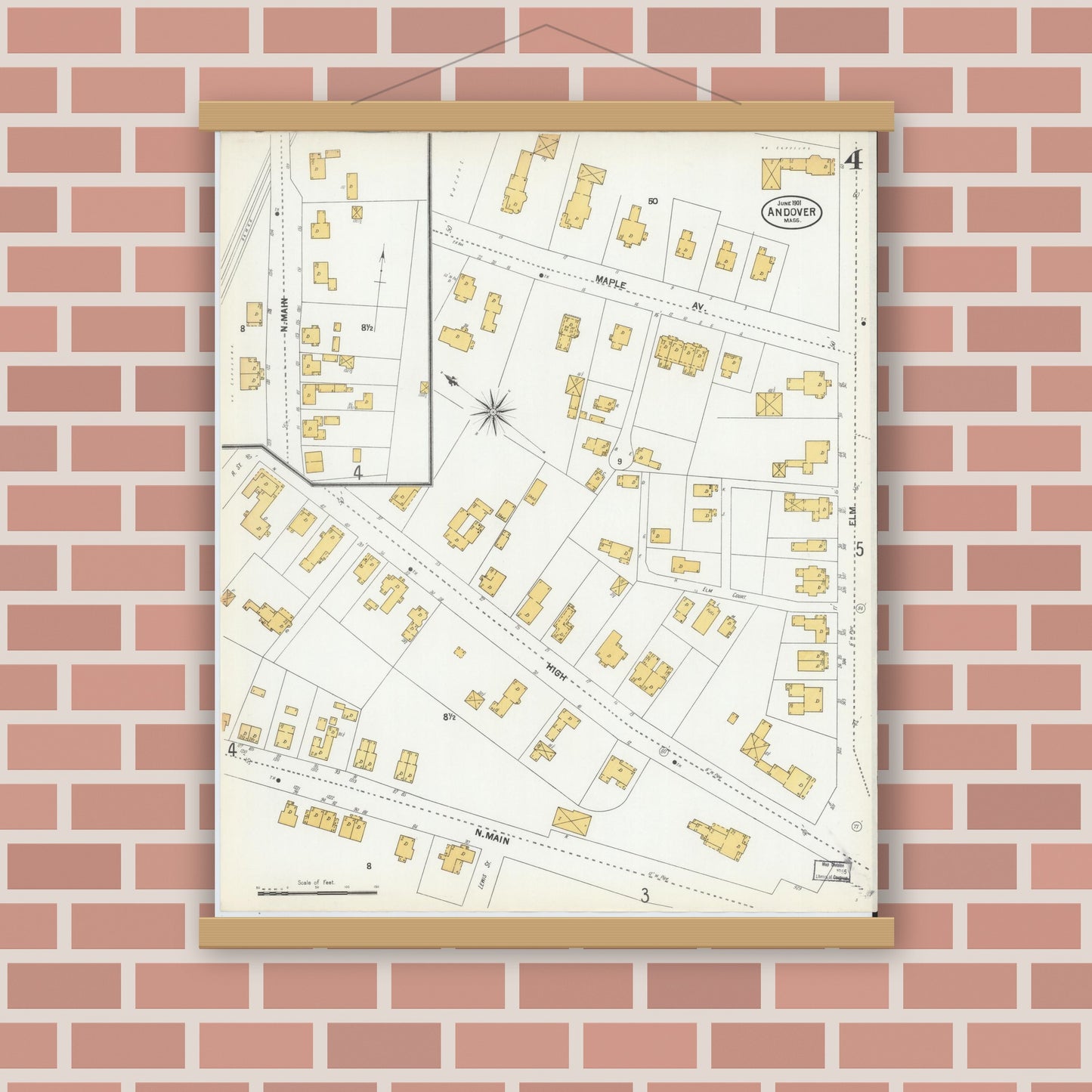Old map wall art mockup — magnetic wood frame on brick wall — Sanborn Fire Insurance Map from Andover, Essex County, Massachusetts (1901), Sheet #0004