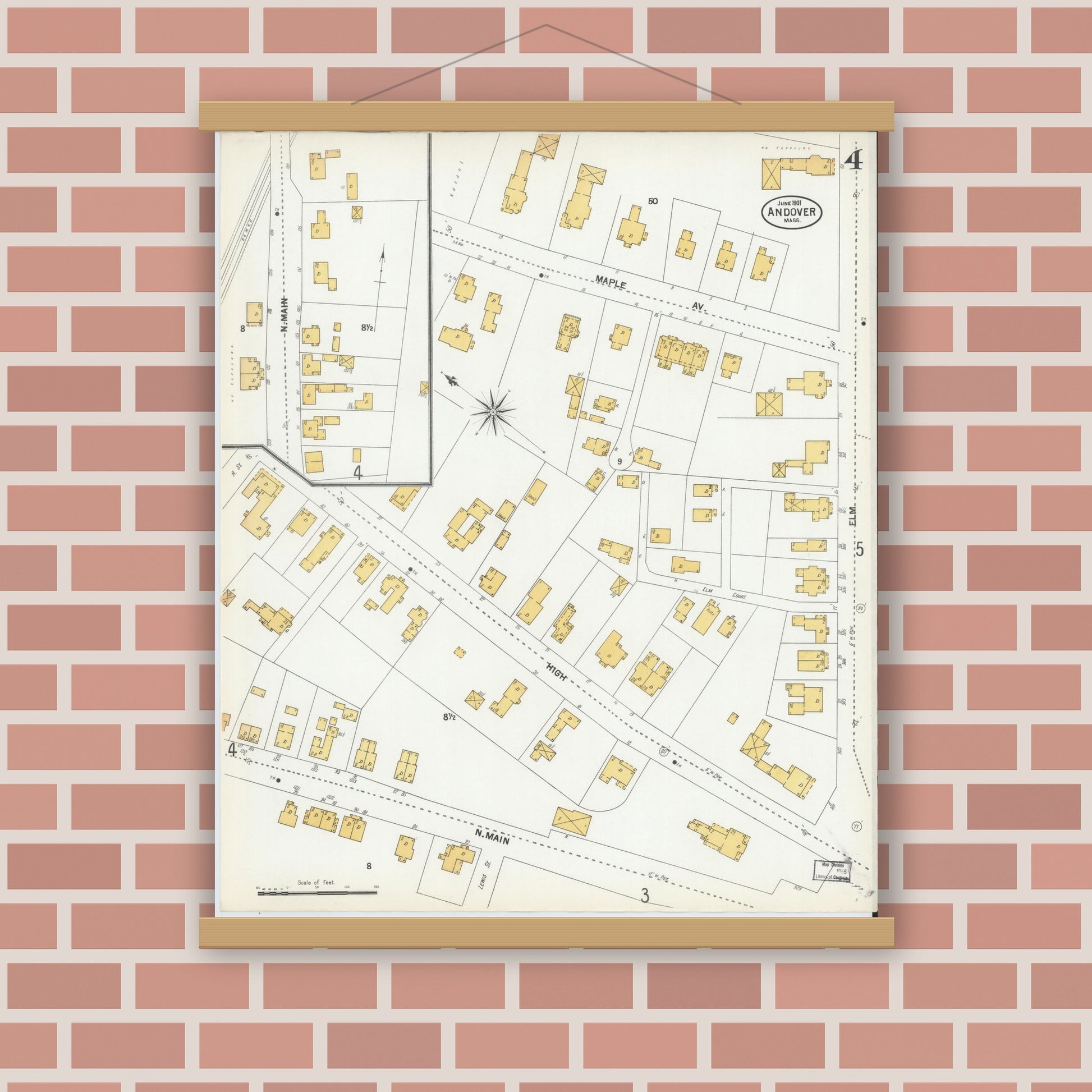 Old map wall art mockup — magnetic wood frame on brick wall — Sanborn Fire Insurance Map from Andover, Essex County, Massachusetts (1901), Sheet #0004