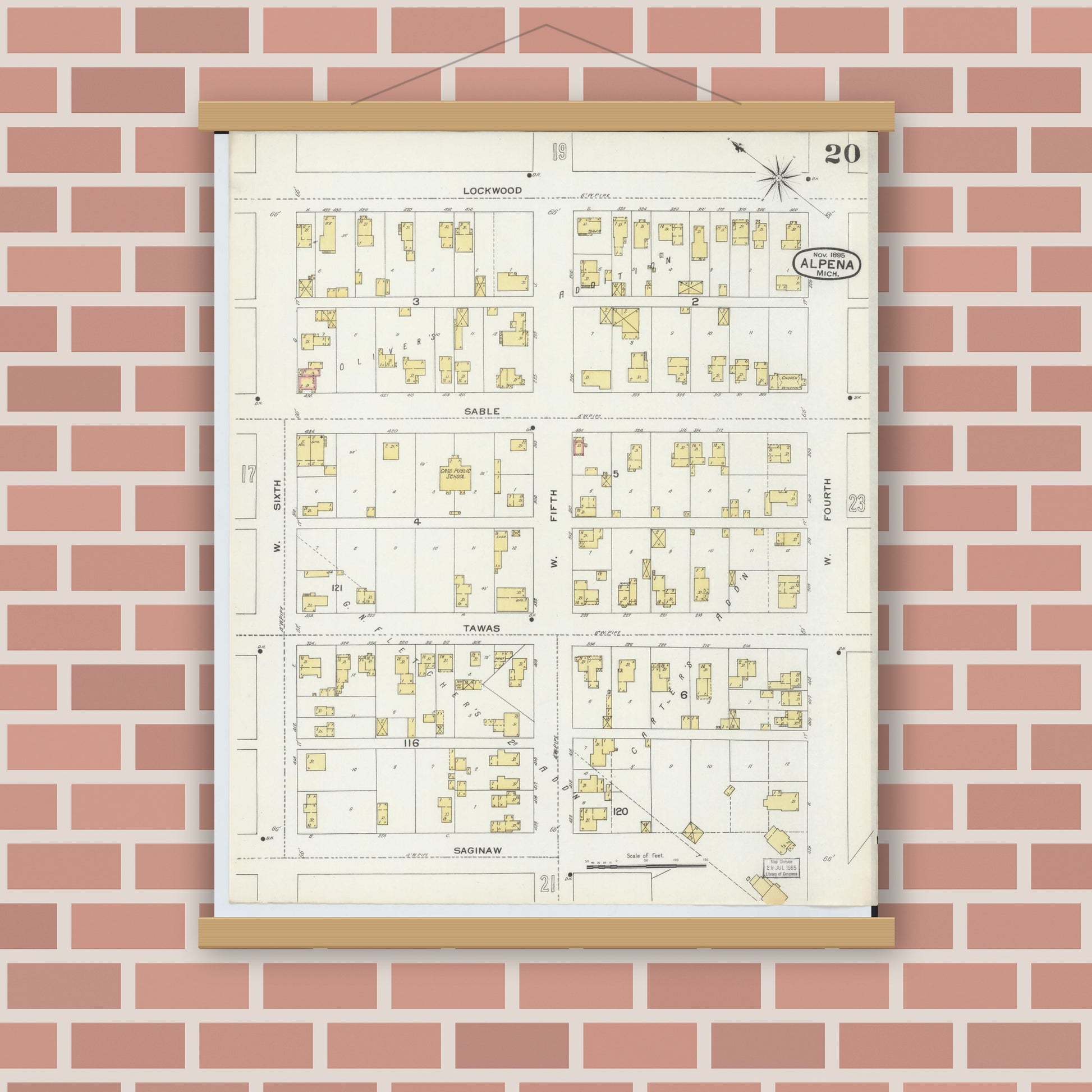 Old map wall art mockup — magnetic wood frame on brick wall — Sanborn Fire Insurance Map from Alpena, Alpena County, Michigan (1895), Sheet #0020