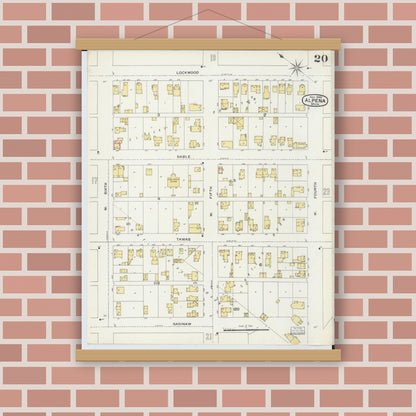 Old map wall art mockup — magnetic wood frame on brick wall — Sanborn Fire Insurance Map from Alpena, Alpena County, Michigan (1895), Sheet #0020