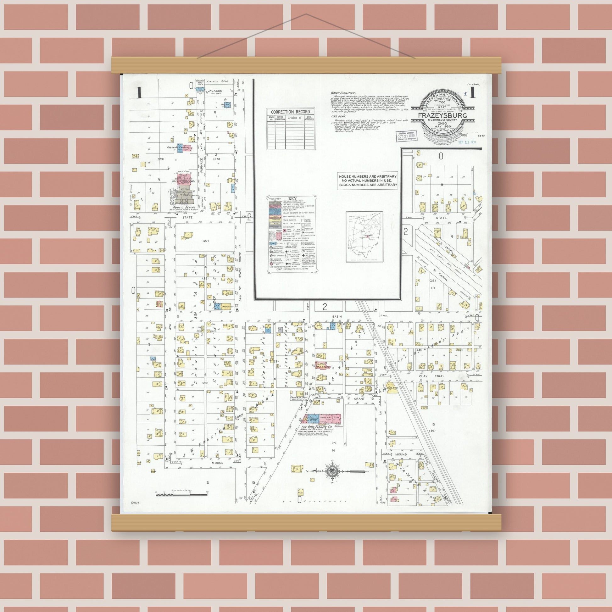 Old map wall art mockup — magnetic wood frame on brick wall — Sanborn Fire Insurance Map from Frazeysburg, Muskingum County, Ohio (1950), Sheet #0001