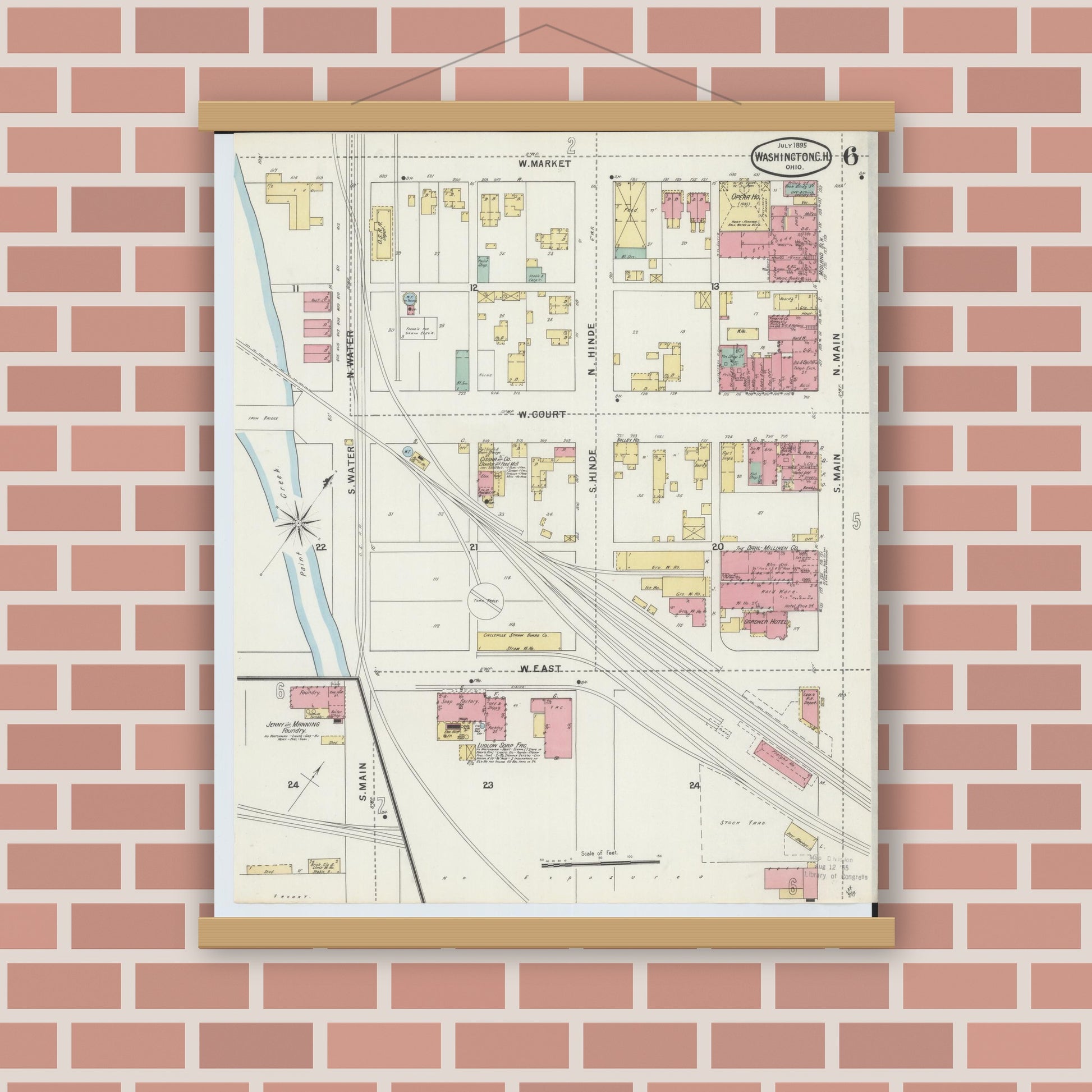 Old map wall art mockup — magnetic wood frame on brick wall — Sanborn Fire Insurance Map from Washington Court House, Fayette County, Ohio (1895), Sheet #0006