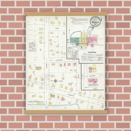 Old map wall art mockup — magnetic wood frame on brick wall — Sanborn Fire Insurance Map from Waterloo, Jefferson County, Wisconsin (1912) - Complete Map Set