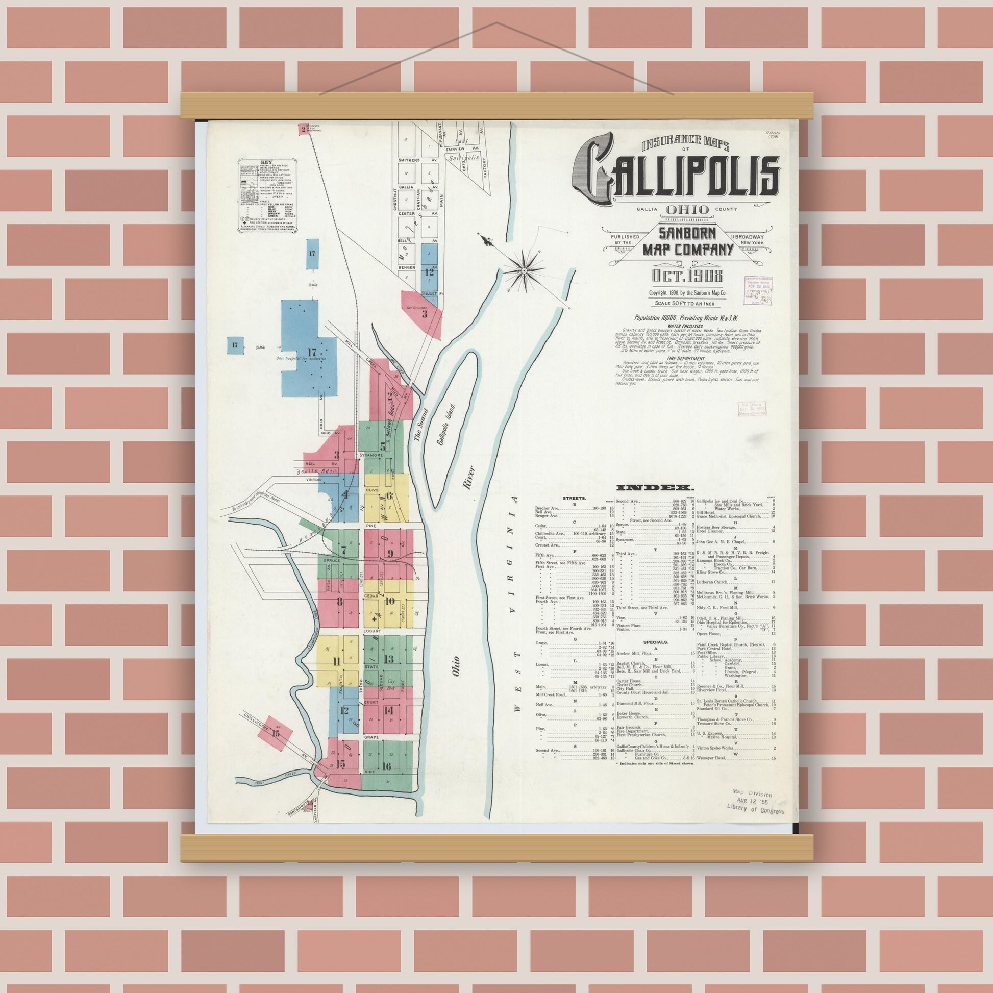 Old map wall art mockup — magnetic wood frame on brick wall — Sanborn Fire Insurance Map from Gallipolis, Gallia County, Ohio (1908) - Complete Map Set