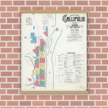 Old map wall art mockup — magnetic wood frame on brick wall — Sanborn Fire Insurance Map from Gallipolis, Gallia County, Ohio (1908) - Complete Map Set