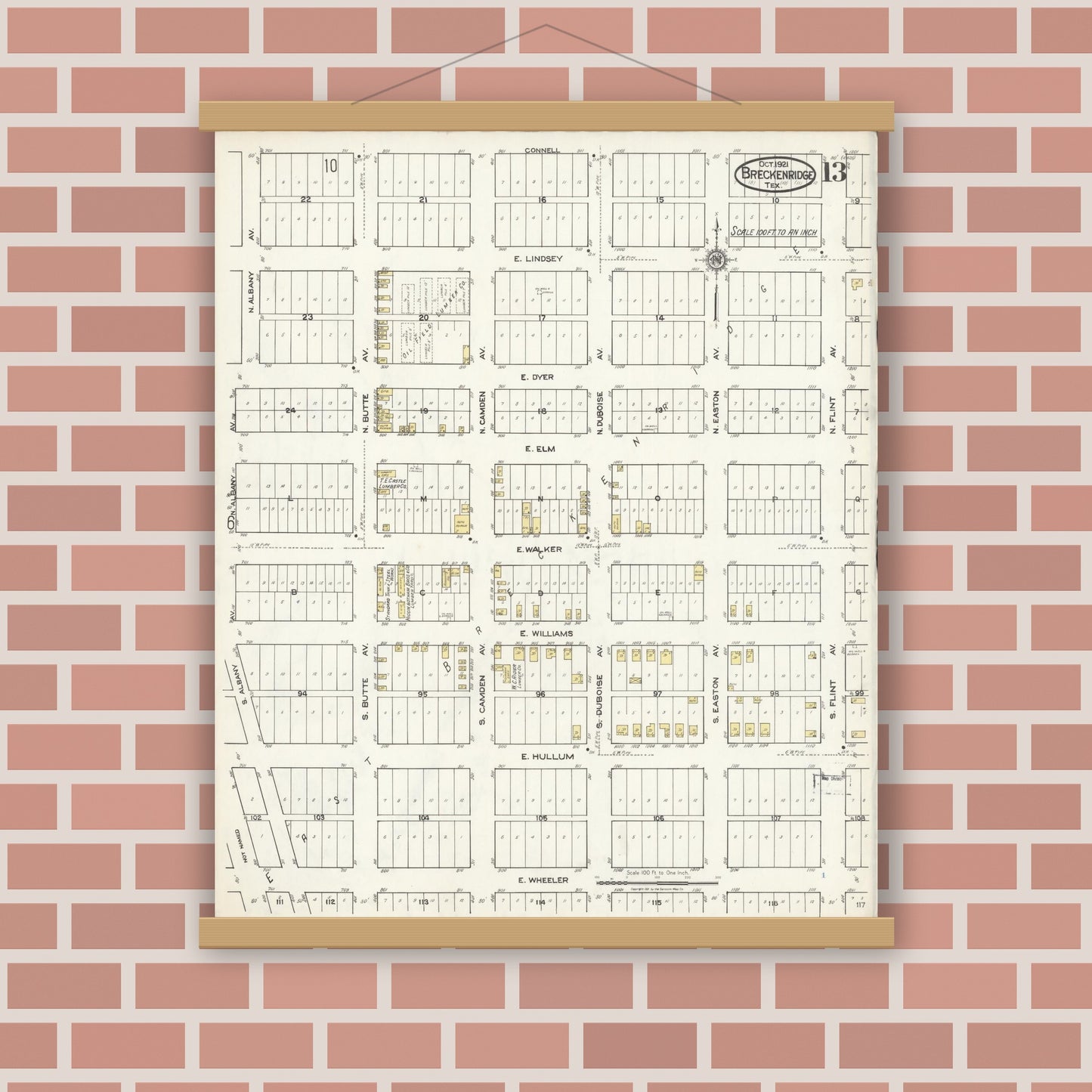 Old map wall art mockup — magnetic wood frame on brick wall — Sanborn Fire Insurance Map from Breckenridge, Stephens County, Texas (1921), Sheet #0013