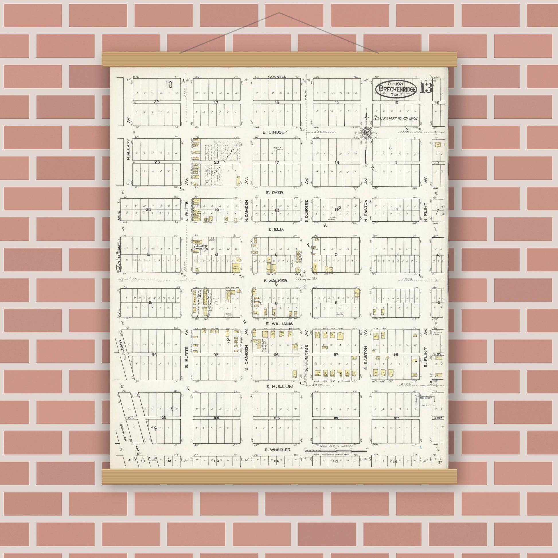 Old map wall art mockup — magnetic wood frame on brick wall — Sanborn Fire Insurance Map from Breckenridge, Stephens County, Texas (1921), Sheet #0013