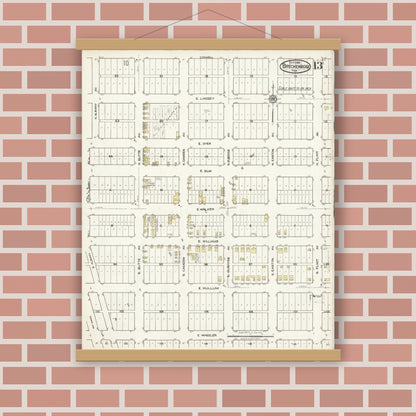 Old map wall art mockup — magnetic wood frame on brick wall — Sanborn Fire Insurance Map from Breckenridge, Stephens County, Texas (1921), Sheet #0013